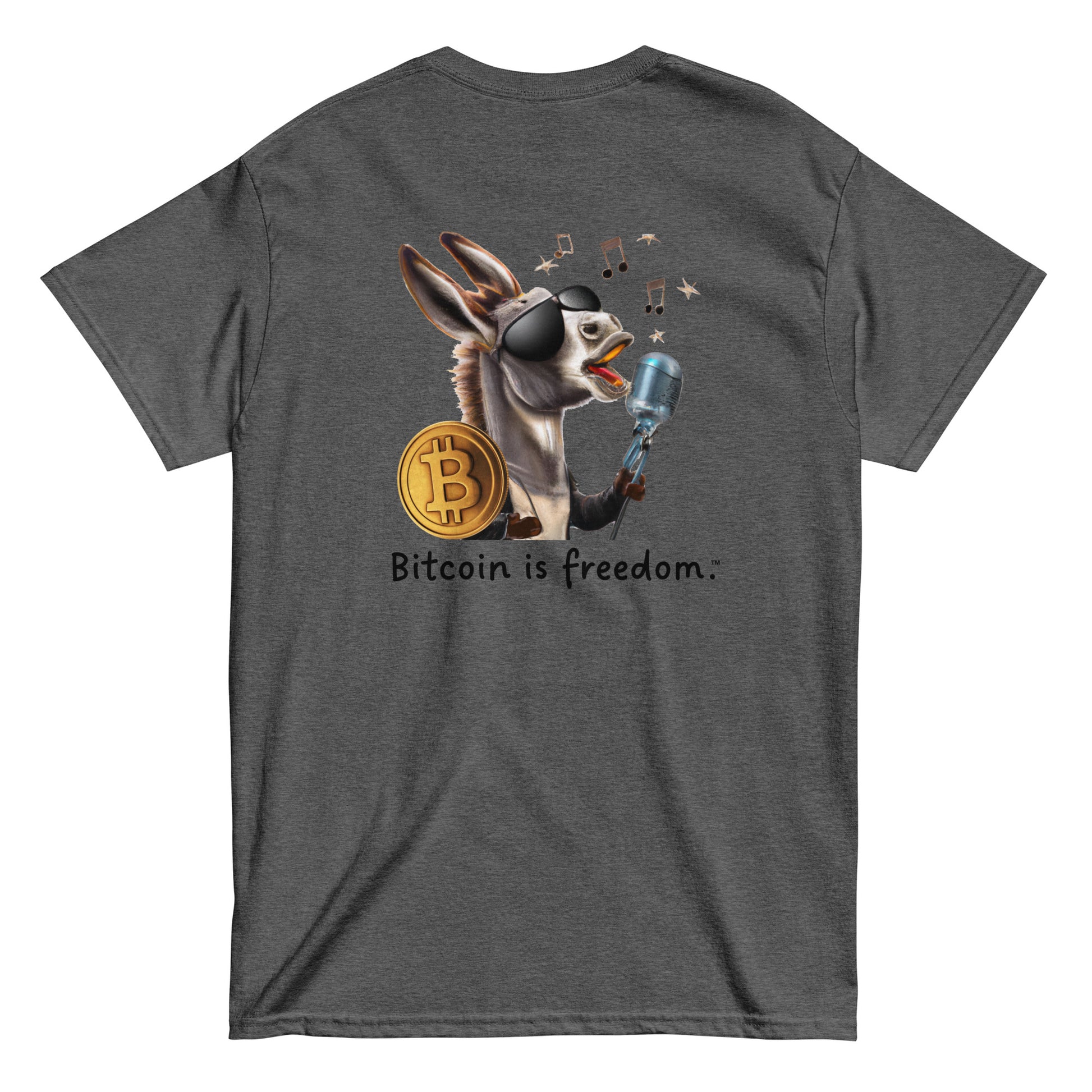 Men's dark heather grey color Bitcoin t-shirt with a Happy Donkey graphic and the ‘Bitcoin is freedom’ slogan printed on the back side of the shirt.