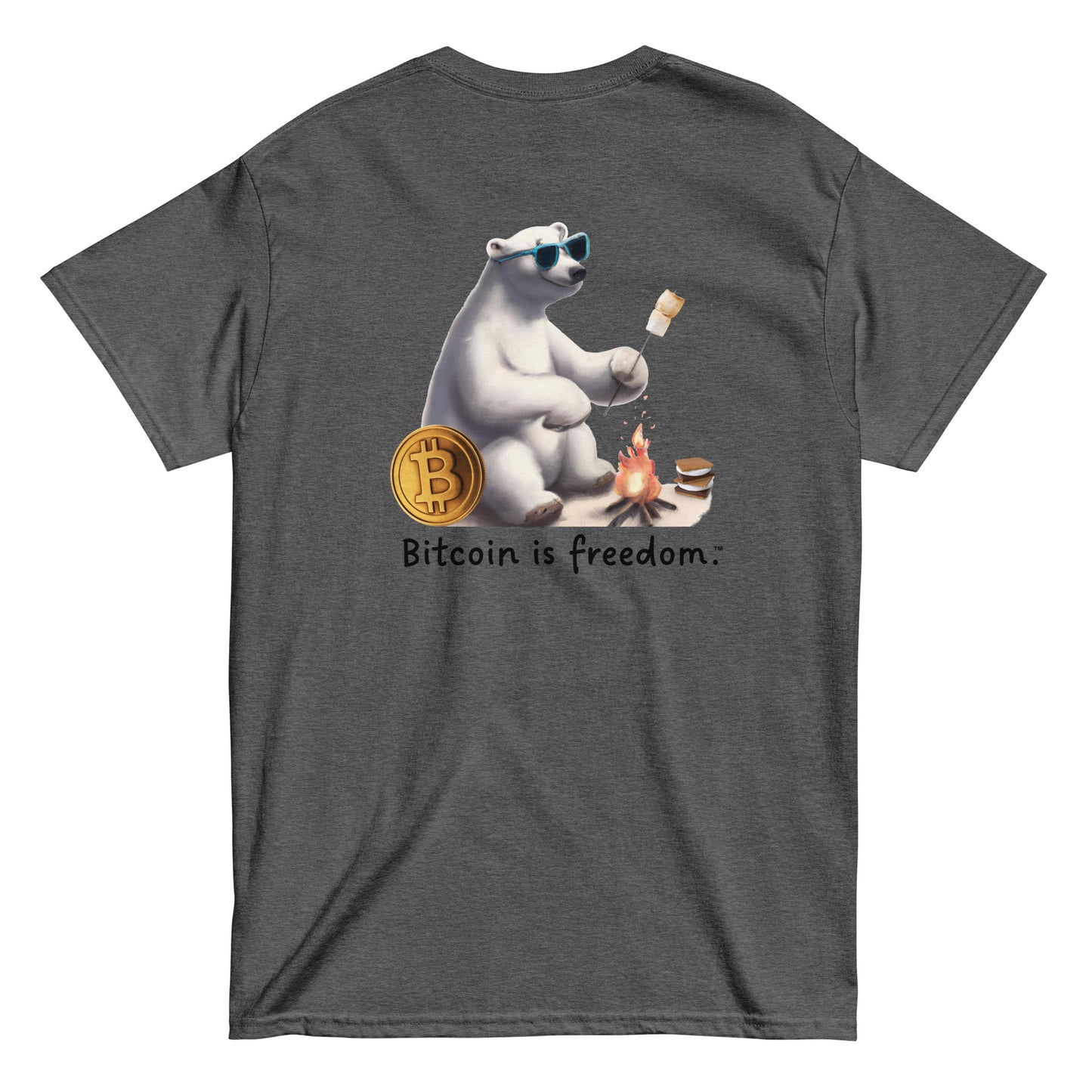 Men's dark heather grey color Bitcoin t-shirt with a Happy Polar Bear graphic and the ‘Bitcoin is freedom’ slogan printed on the back side of the shirt.