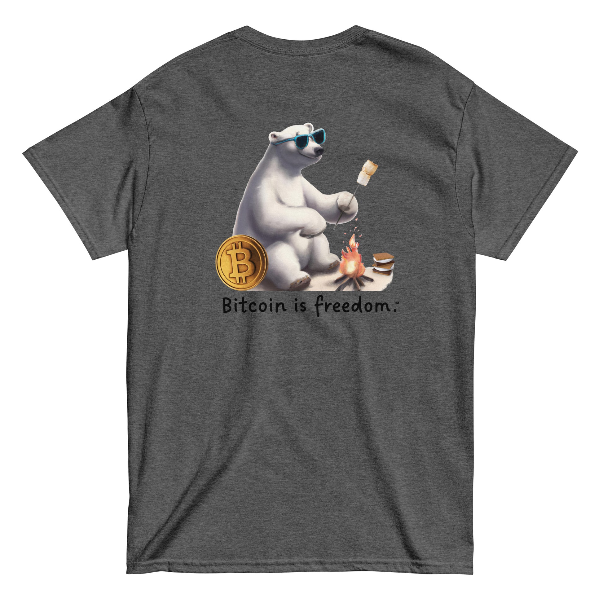 Men's dark heather grey color Bitcoin t-shirt with a Happy Polar Bear graphic and the ‘Bitcoin is freedom’ slogan printed on the back side of the shirt.