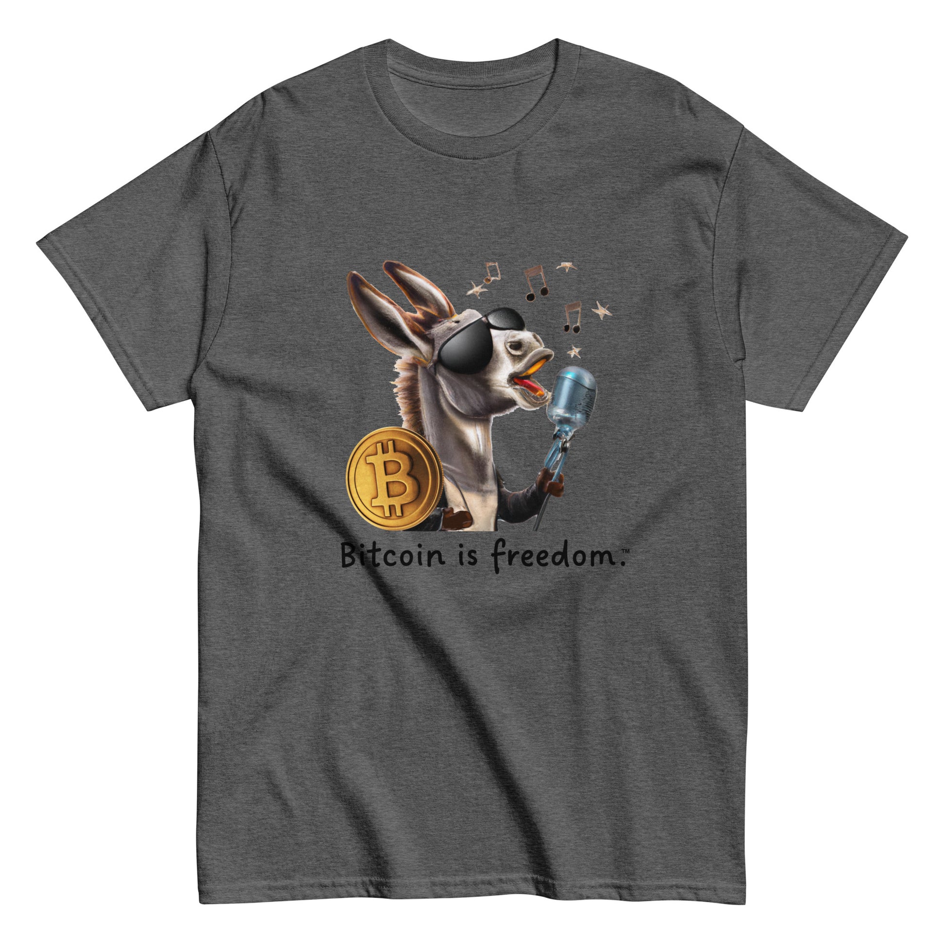 Men's dark heather grey color Bitcoin t-shirt with a Happy Donkey graphic and the ‘Bitcoin is freedom’ slogan printed on the front side of the shirt.