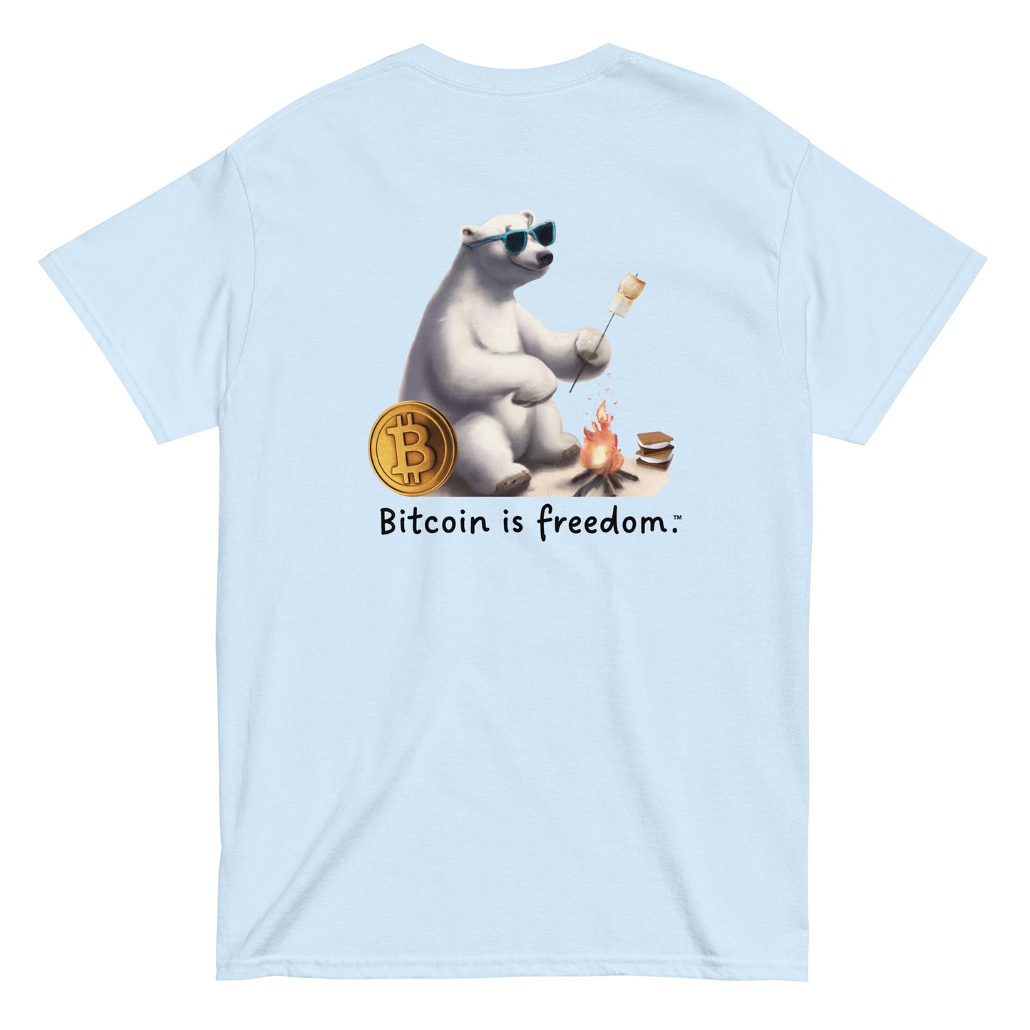 Men's light blue color Bitcoin t-shirt with a Happy Polar Bear graphic and the ‘Bitcoin is freedom’ slogan printed on the back side of the shirt.