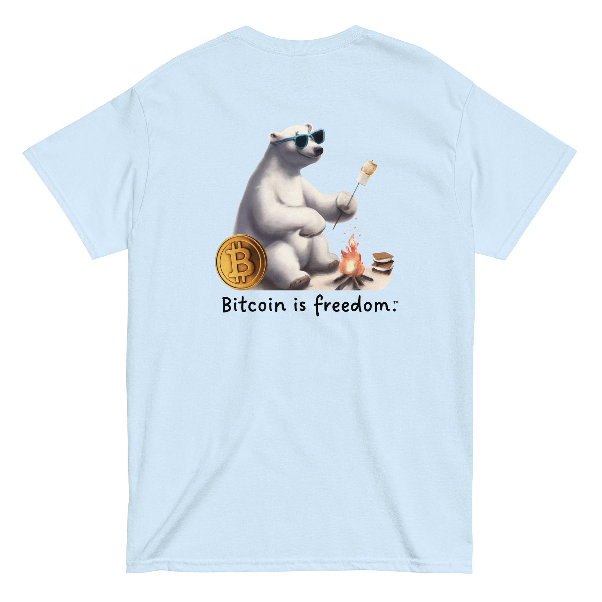Men's light blue color Bitcoin t-shirt with a Happy Polar Bear graphic and the ‘Bitcoin is freedom’ slogan printed on the back side of the shirt.