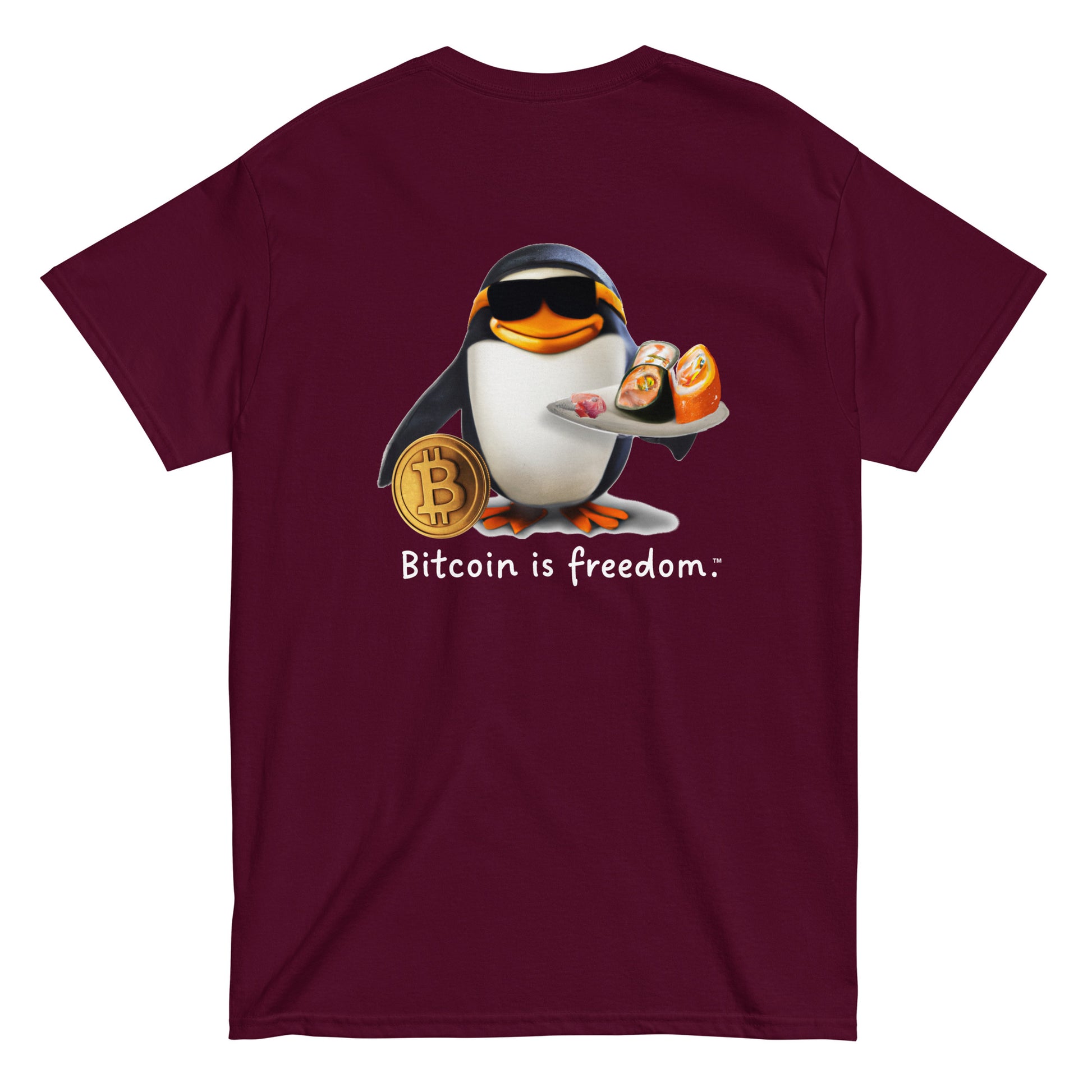 Men's maroon color Bitcoin t-shirt with a Happy Penguin graphic and the ‘Bitcoin is freedom’ slogan printed on the back side of the shirt.