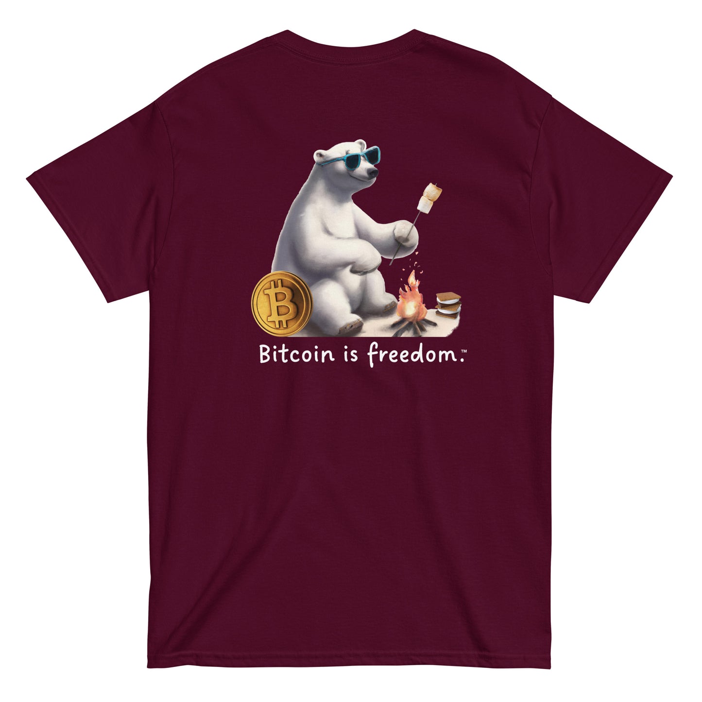 Men's maroon color Bitcoin t-shirt with a Happy Polar Bear graphic and the ‘Bitcoin is freedom’ slogan printed on the back side of the shirt.
