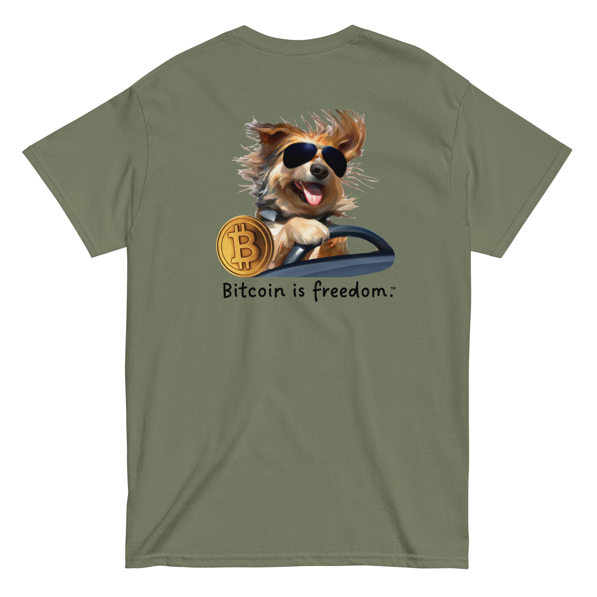 Men's military green color Bitcoin t-shirt with a Happy Dog Driving graphic and the ‘Bitcoin is freedom’ slogan printed on the back side of the shirt.