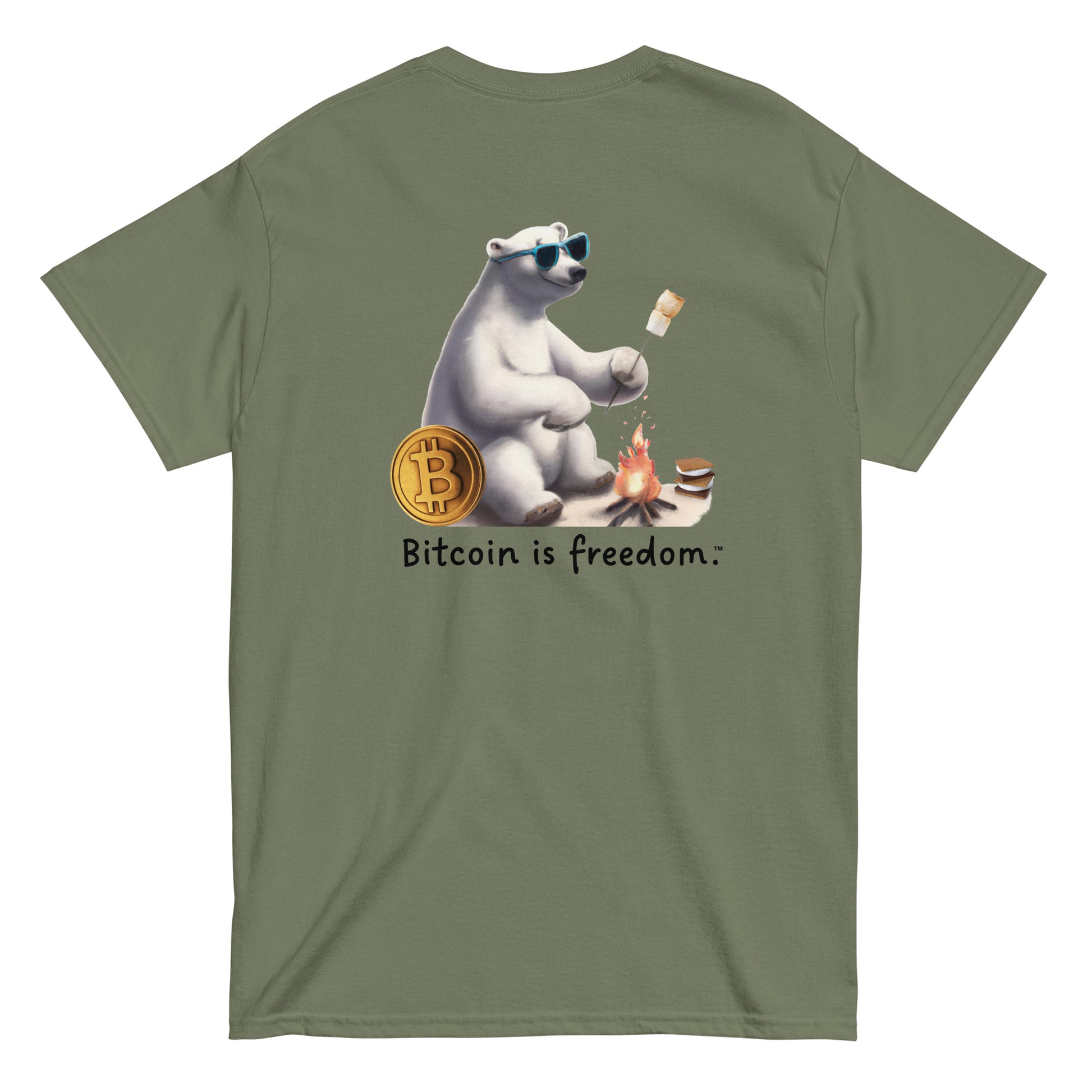 Men's military green color Bitcoin t-shirt with a Happy Polar Bear graphic and the ‘Bitcoin is freedom’ slogan printed on the back side of the shirt.