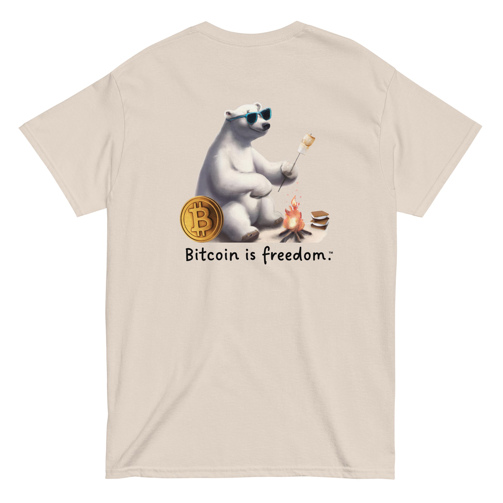 Men's natural color Bitcoin t-shirt with a Happy Polar Bear graphic and the ‘Bitcoin is freedom’ slogan printed on the back side of the shirt.