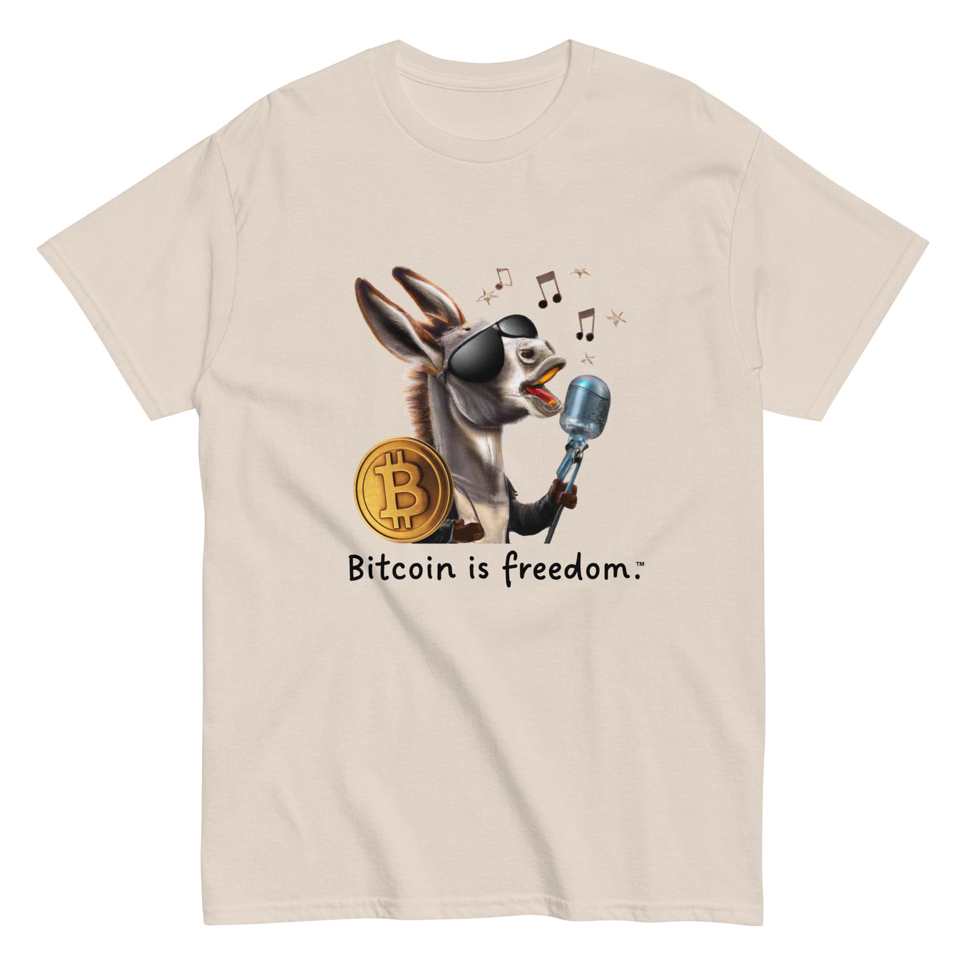 Men's natural color Bitcoin t-shirt with a Happy Donkey graphic and the ‘Bitcoin is freedom’ slogan printed on the front side of the shirt.