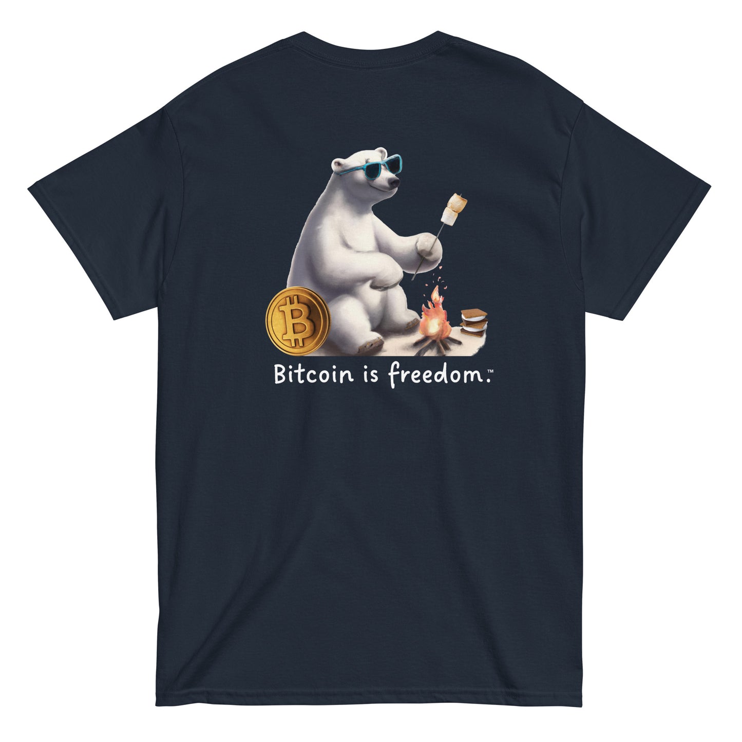 Men's navy blue color Bitcoin t-shirt with a Happy Polar Bear graphic and the ‘Bitcoin is freedom’ slogan printed on the back side of the shirt.