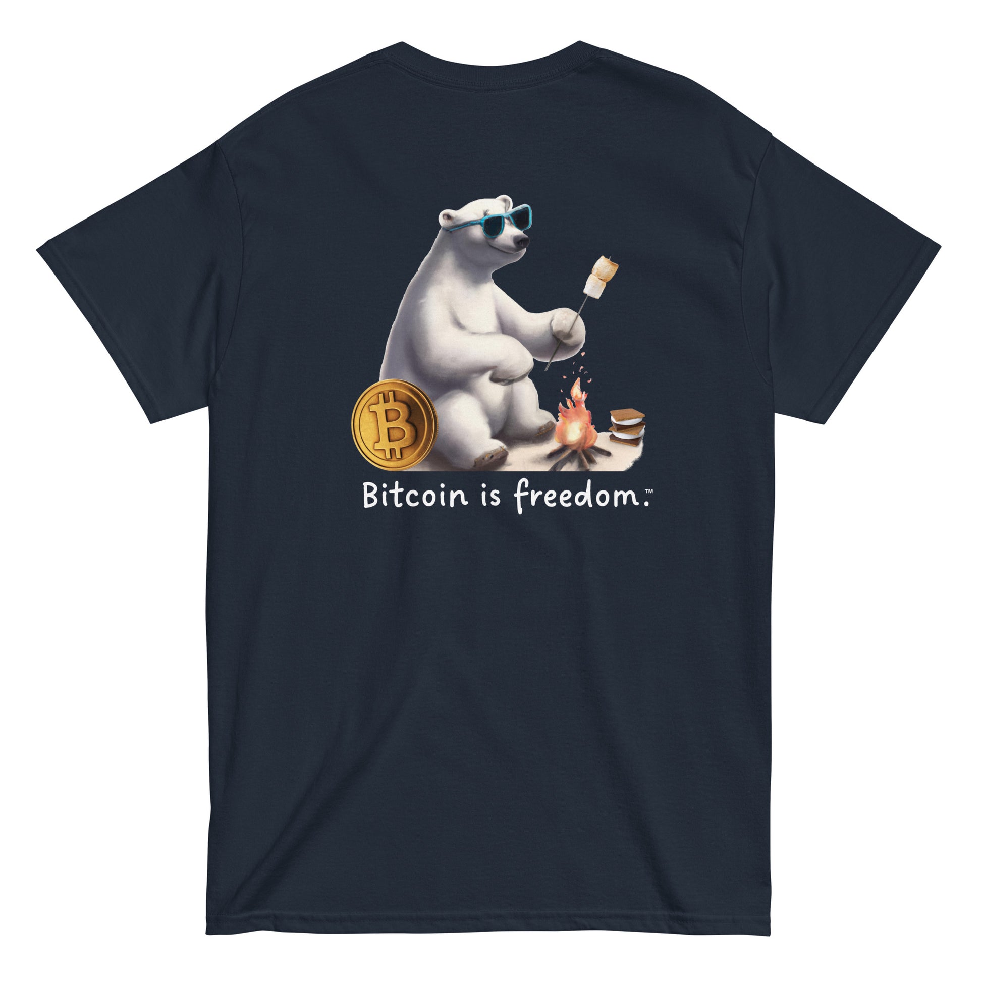Men's navy blue color Bitcoin t-shirt with a Happy Polar Bear graphic and the ‘Bitcoin is freedom’ slogan printed on the back side of the shirt.