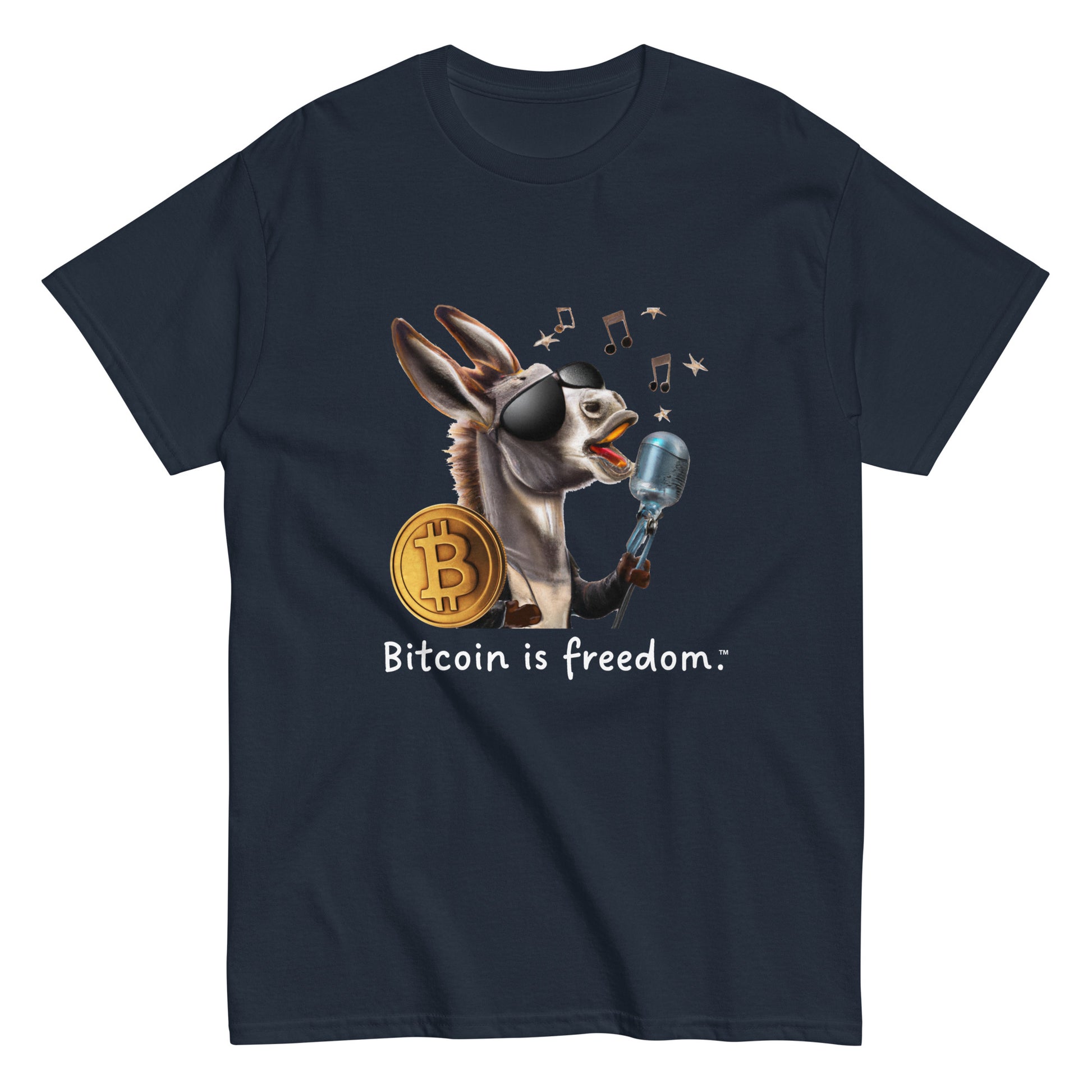 Men's navy blue color Bitcoin t-shirt with a Happy Donkey graphic and the ‘Bitcoin is freedom’ slogan printed on the front side of the shirt.