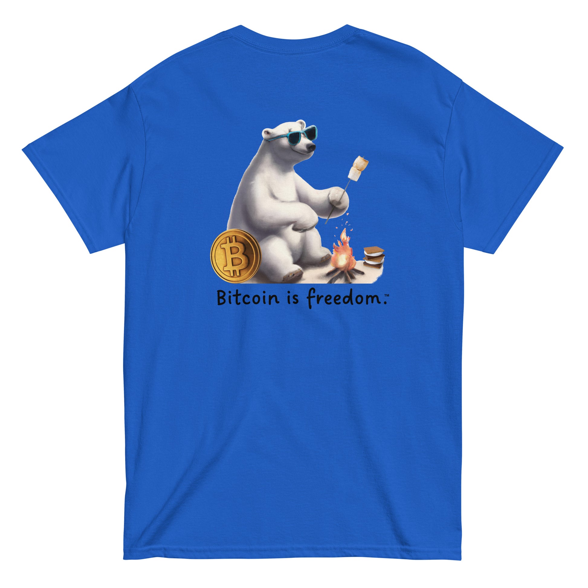 Men's royal blue color Bitcoin t-shirt with a Happy Polar Bear graphic and the ‘Bitcoin is freedom’ slogan printed on the back side of the shirt.