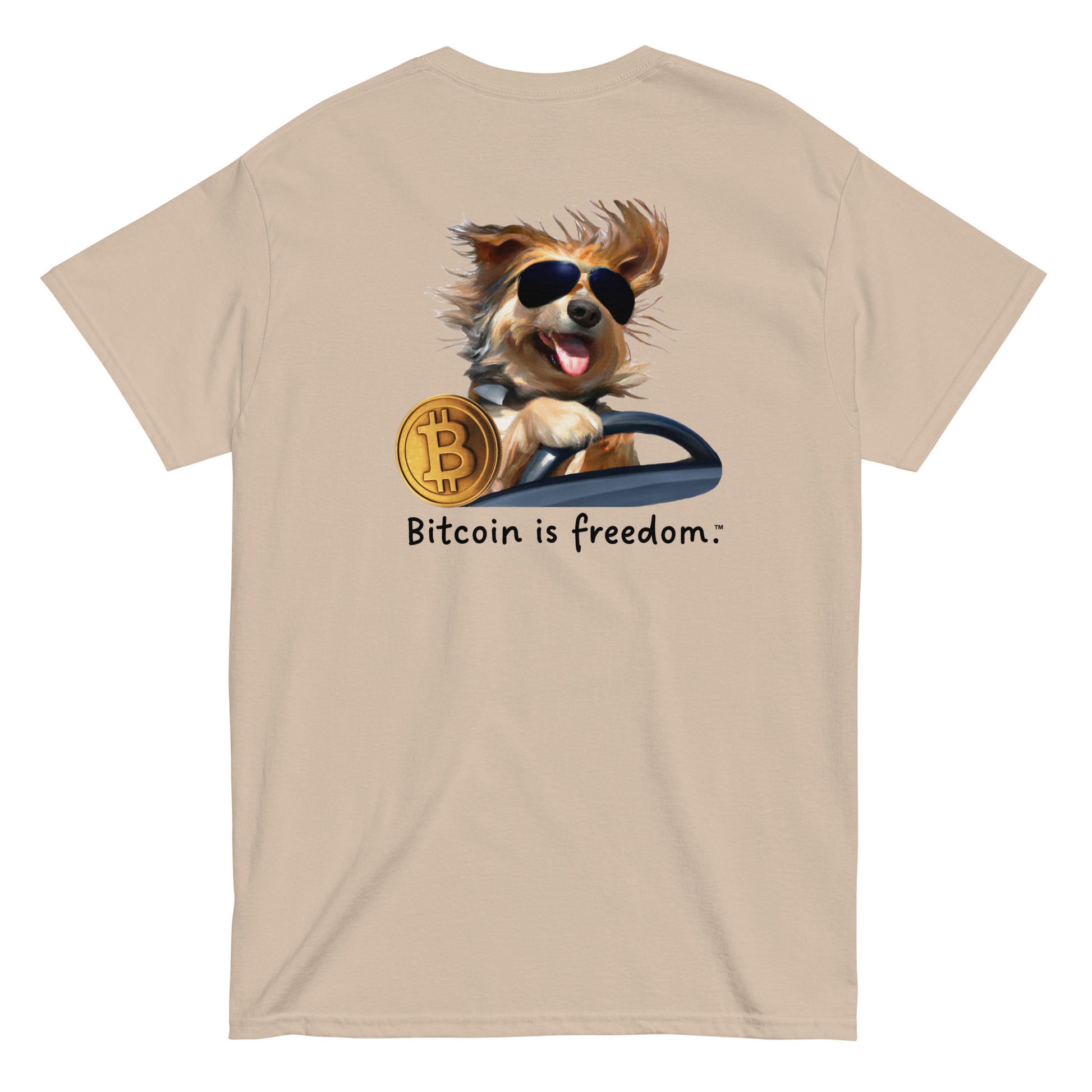 Men's sand color Bitcoin t-shirt with a Happy Dog Driving graphic and the ‘Bitcoin is freedom’ slogan printed on the back side of the shirt.