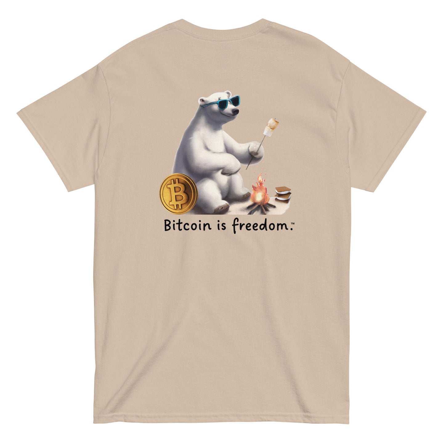 Men's sand color Bitcoin t-shirt with a Happy Polar Bear graphic and the ‘Bitcoin is freedom’ slogan printed on the back side of the shirt.