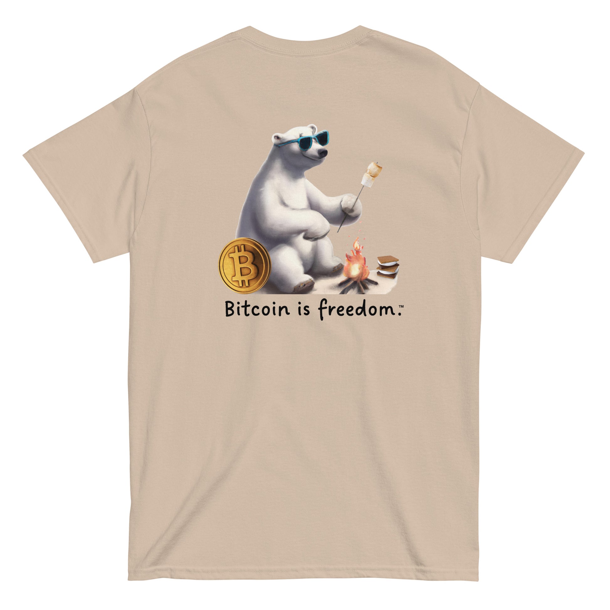 Men's sand color Bitcoin t-shirt with a Happy Polar Bear graphic and the ‘Bitcoin is freedom’ slogan printed on the back side of the shirt.
