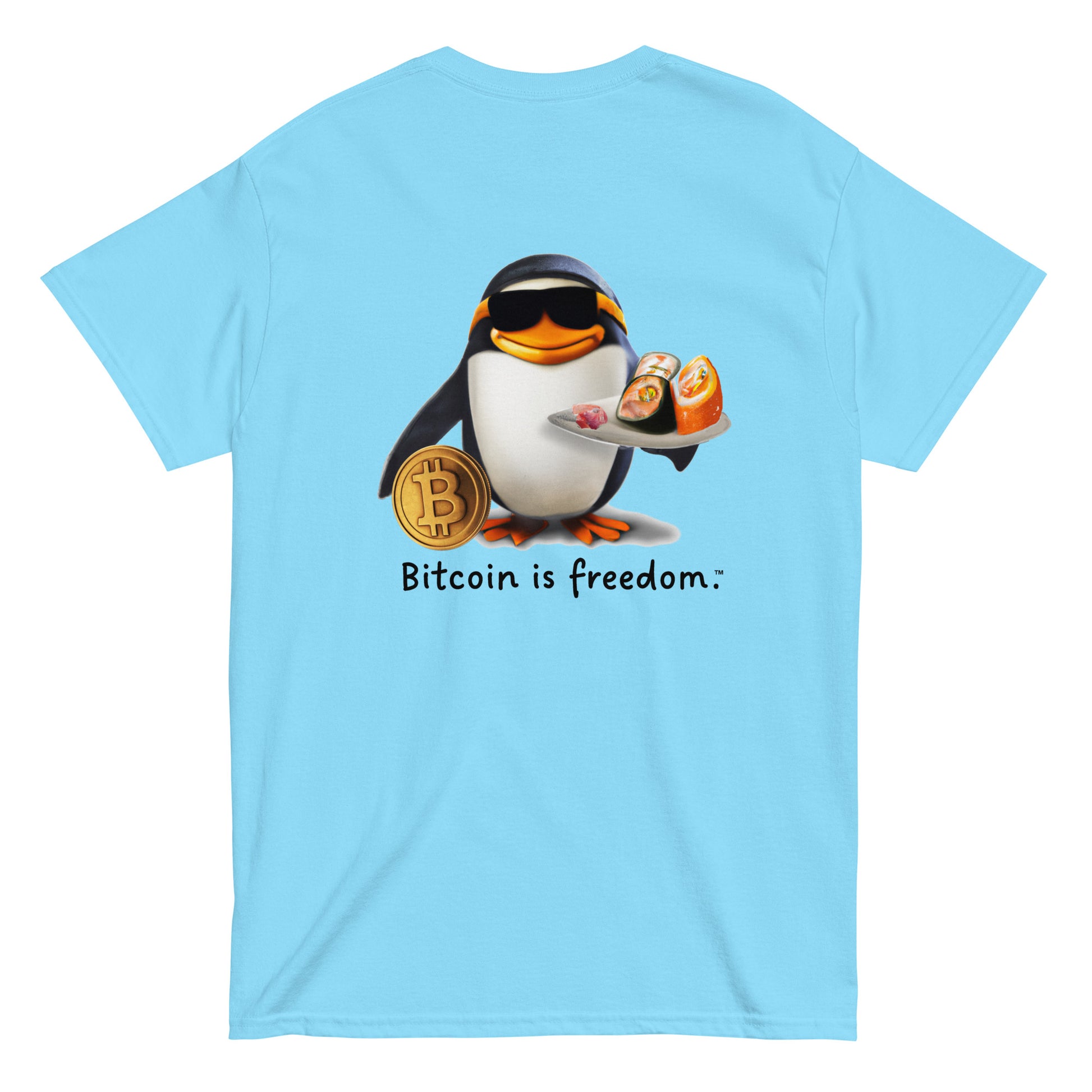 Men's sky blue color Bitcoin t-shirt with a Happy Penguin graphic and the ‘Bitcoin is freedom’ slogan printed on the back side of the shirt.