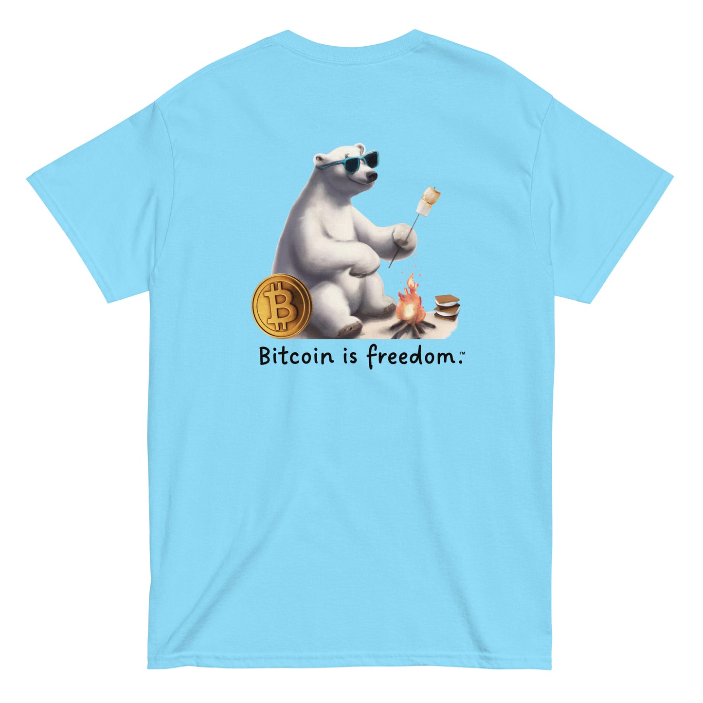 Men's sky blue color Bitcoin t-shirt with a Happy Polar Bear graphic and the ‘Bitcoin is freedom’ slogan printed on the back side of the shirt.