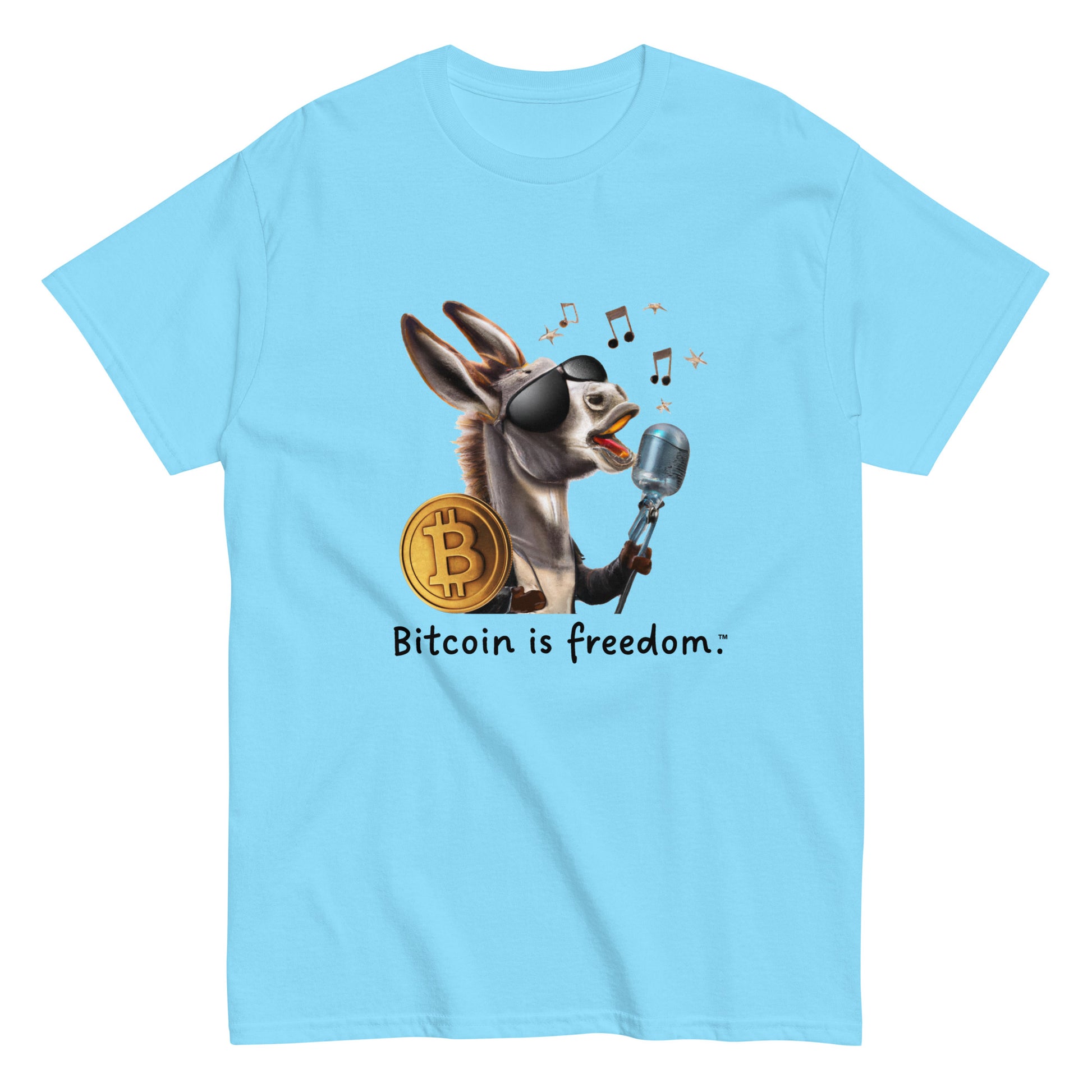 Men's sky blue color Bitcoin t-shirt with a Happy Donkey graphic and the ‘Bitcoin is freedom’ slogan printed on the front side of the shirt.