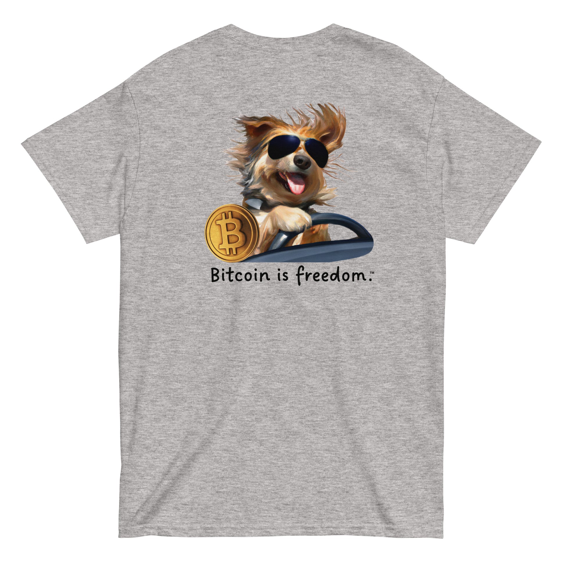Men's sport grey color Bitcoin t-shirt with a Happy Dog Driving graphic and the ‘Bitcoin is freedom’ slogan printed on the back side of the shirt.