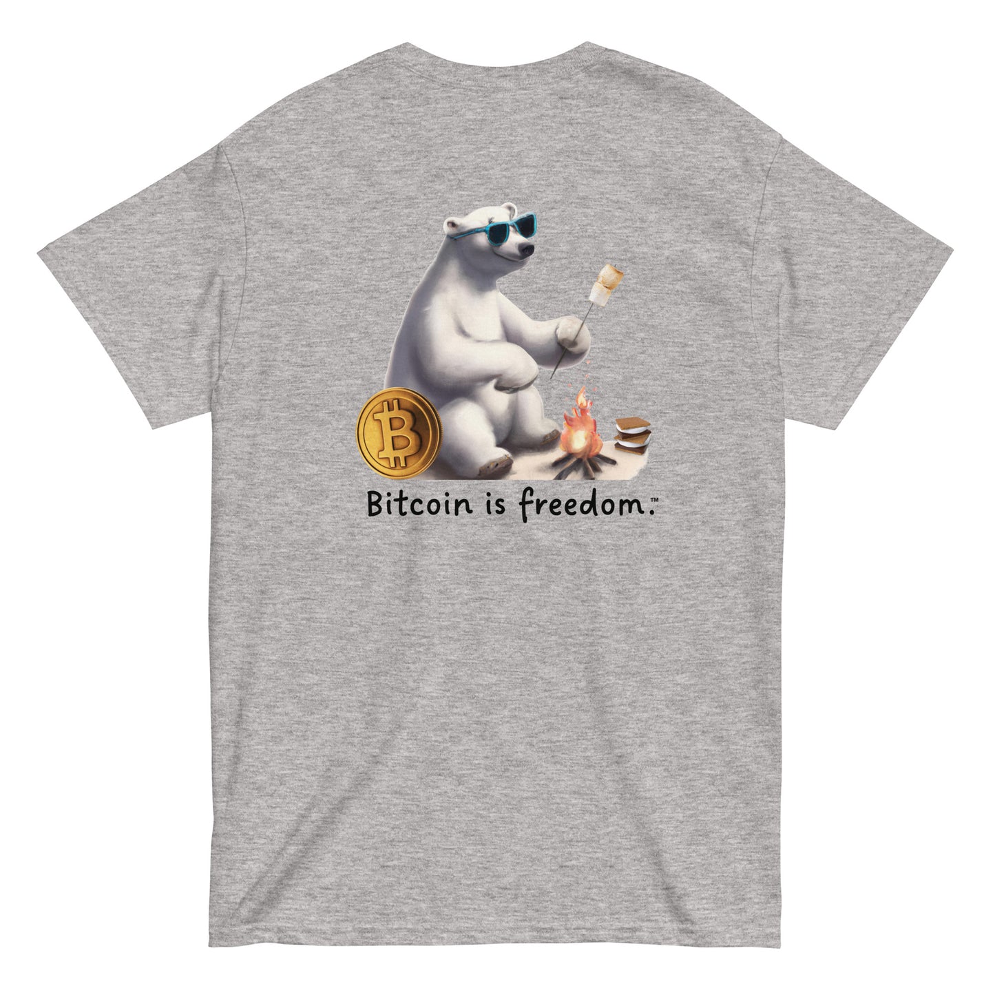 Men's sport grey color Bitcoin t-shirt with a Happy Polar Bear graphic and the ‘Bitcoin is freedom’ slogan printed on the back side of the shirt.