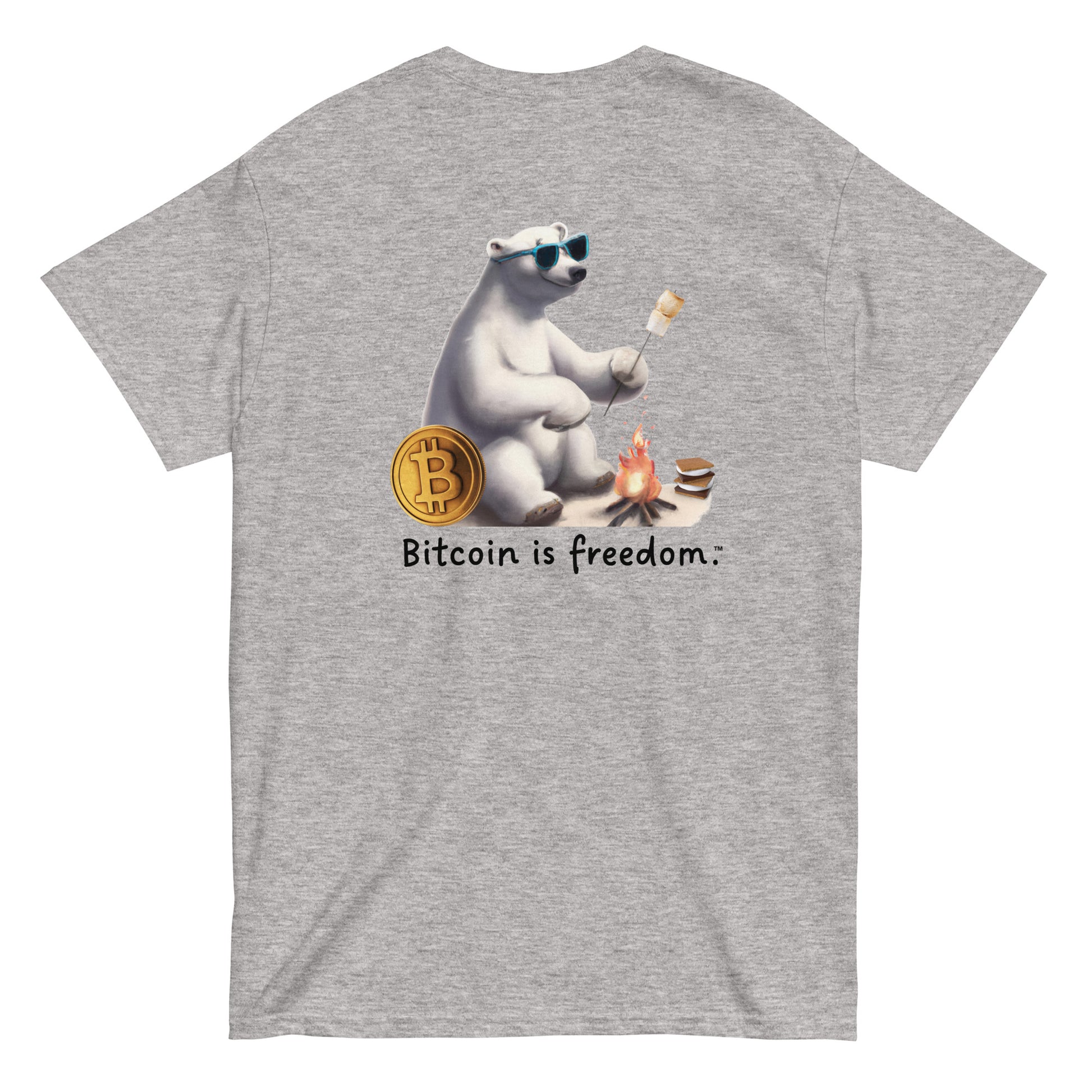 Men's sport grey color Bitcoin t-shirt with a Happy Polar Bear graphic and the ‘Bitcoin is freedom’ slogan printed on the back side of the shirt.