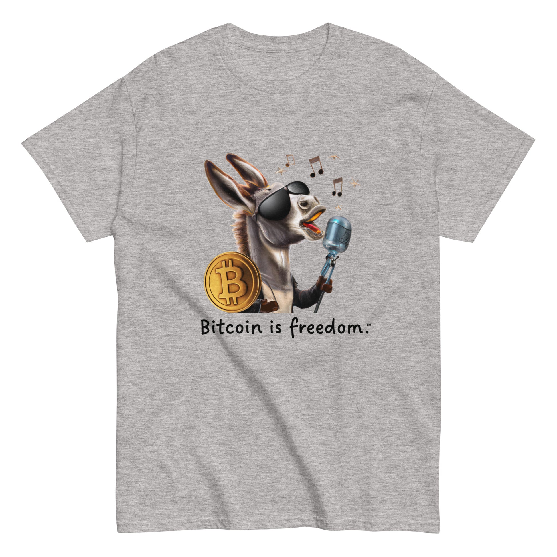 Men's sport grey color Bitcoin t-shirt with a Happy Donkey graphic and the ‘Bitcoin is freedom’ slogan printed on the front side of the shirt.