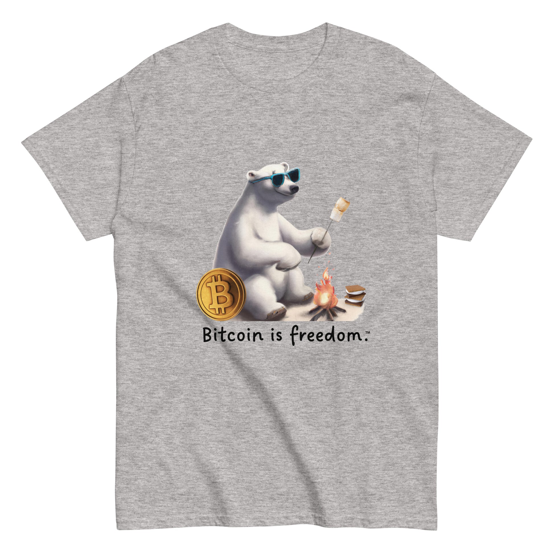 Men's sport grey color Bitcoin t-shirt with a Happy Polar Bear graphic and the ‘Bitcoin is freedom’ slogan printed on the front side of the shirt.