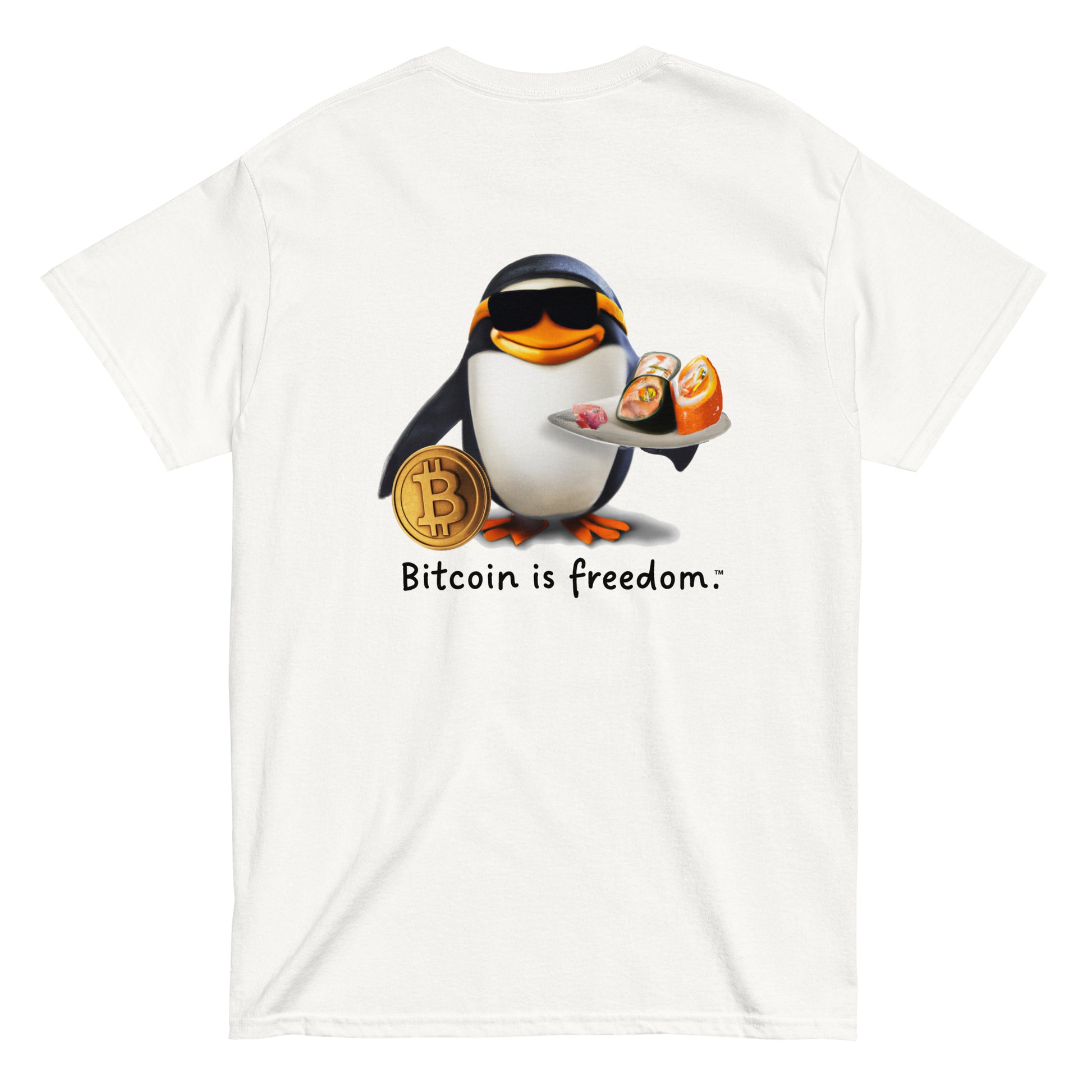 Men's white color Bitcoin t-shirt with a Happy Penguin graphic and the ‘Bitcoin is freedom’ slogan printed on the back side of the shirt.