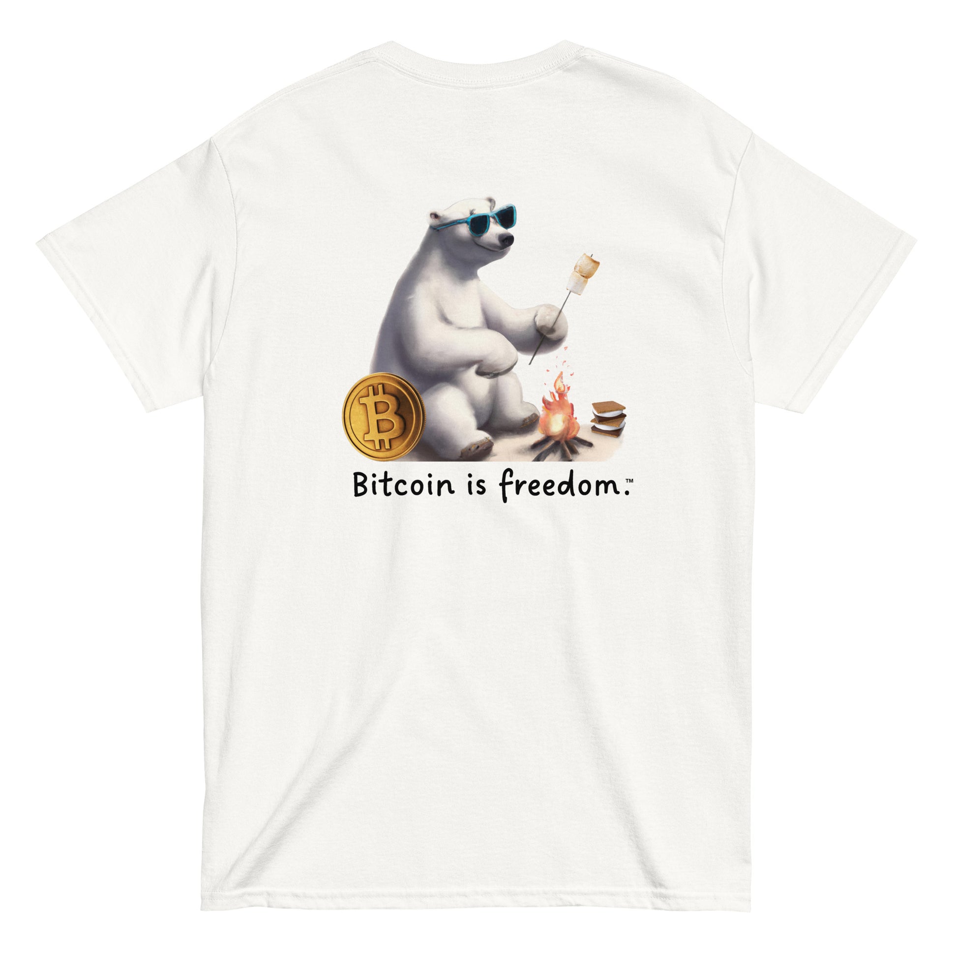 Men's white color Bitcoin t-shirt with a Happy Polar Bear graphic and the ‘Bitcoin is freedom’ slogan printed on the back side of the shirt.