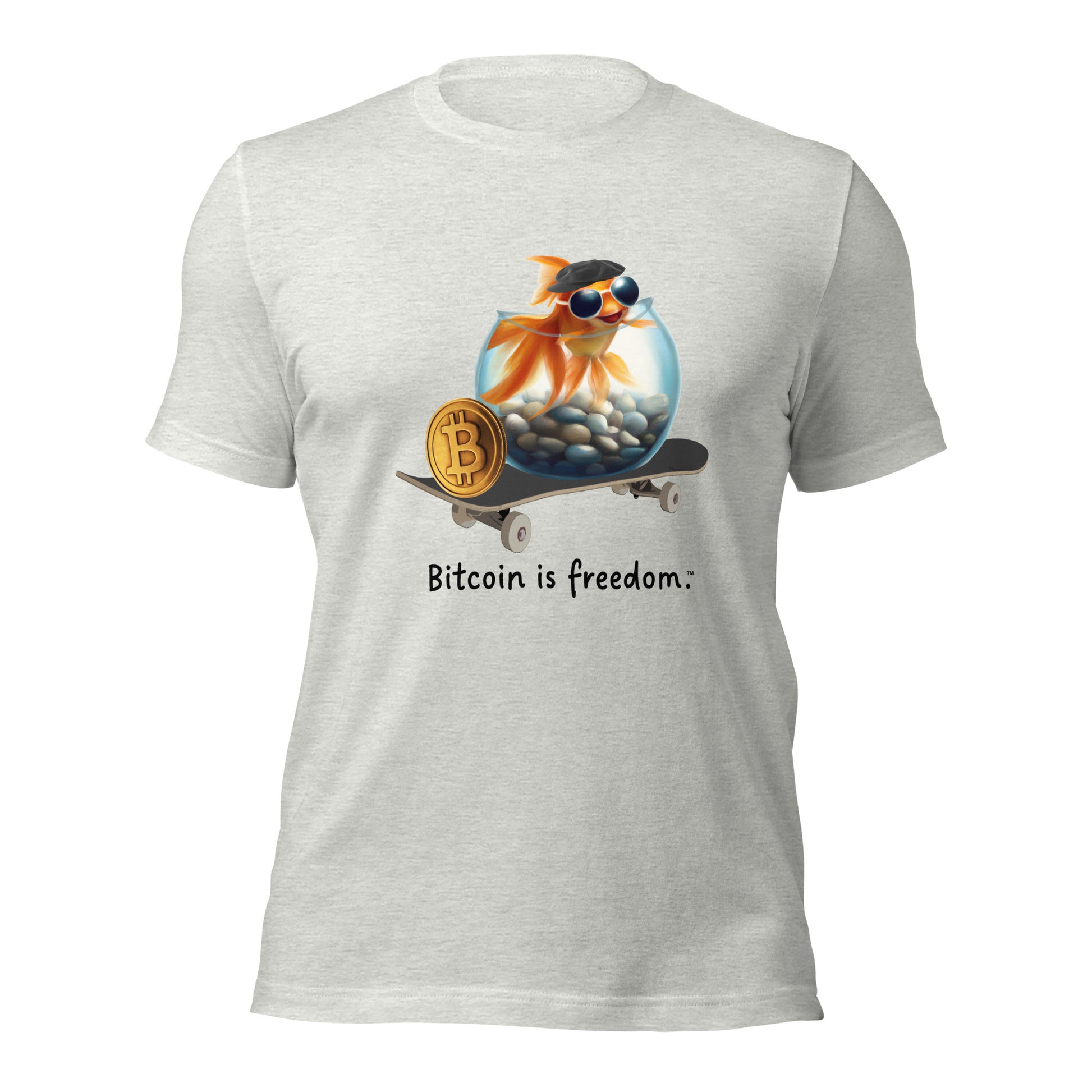 Women’s ash grey color Bitcoin t-shirt with a Happy Goldfish graphic and the ‘Bitcoin is freedom’ slogan printed on the front side of the shirt.