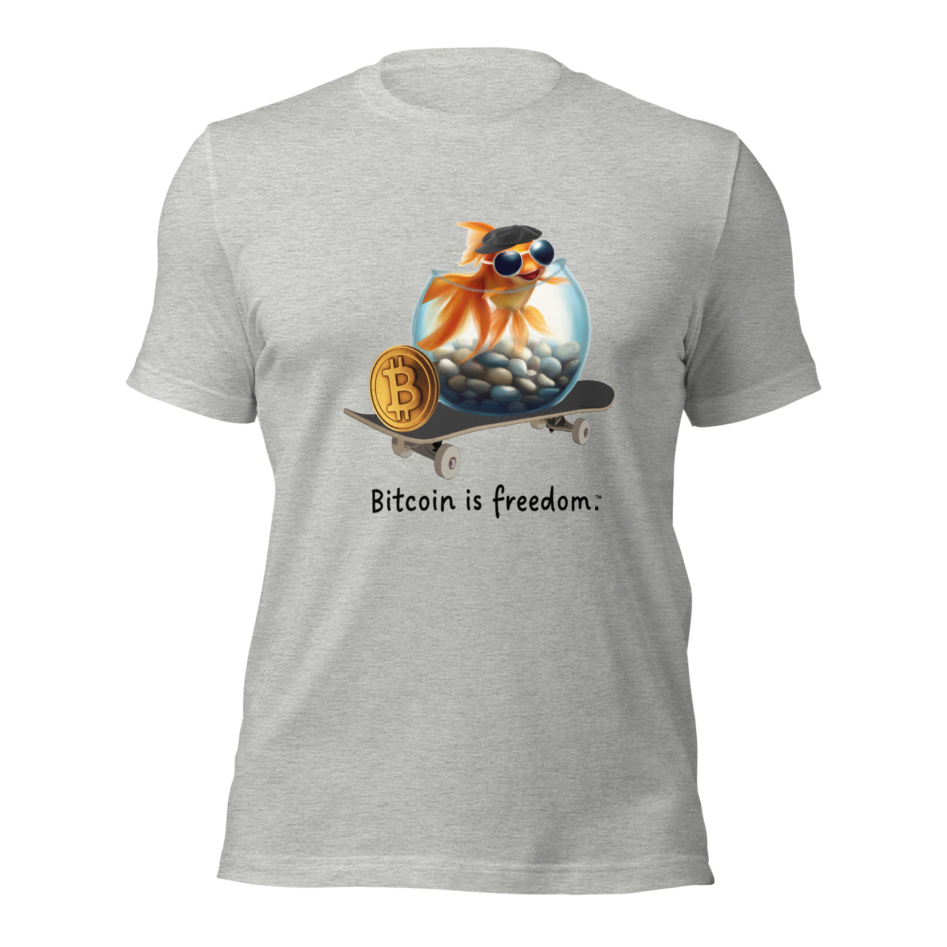 Women’s athletic heather color Bitcoin t-shirt with a Happy Goldfish graphic and the ‘Bitcoin is freedom’ slogan printed on the front side of the shirt.