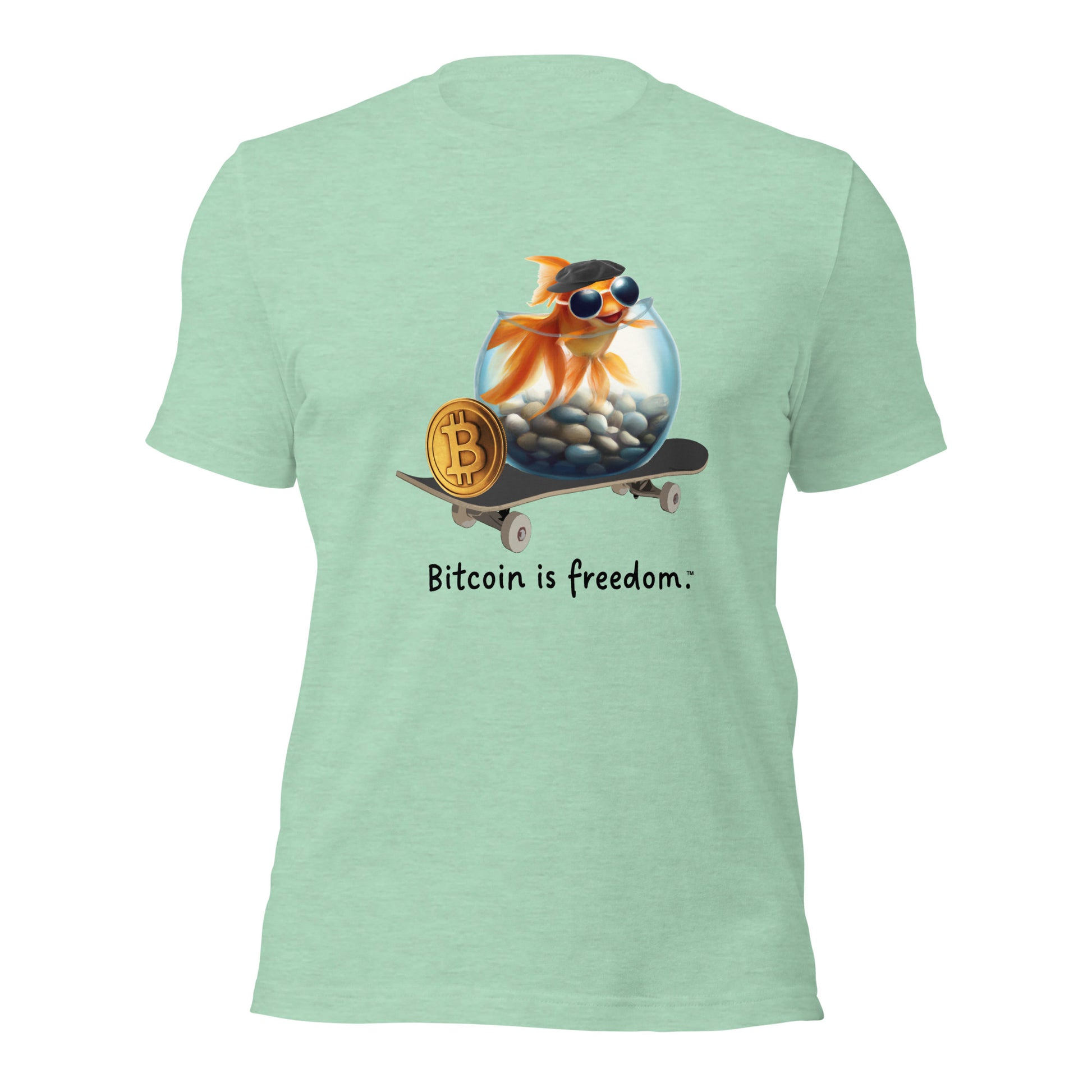 Women’s heather prism mint green color Bitcoin t-shirt with a Happy Goldfish graphic and the ‘Bitcoin is freedom’ slogan printed on the front side of the shirt.
