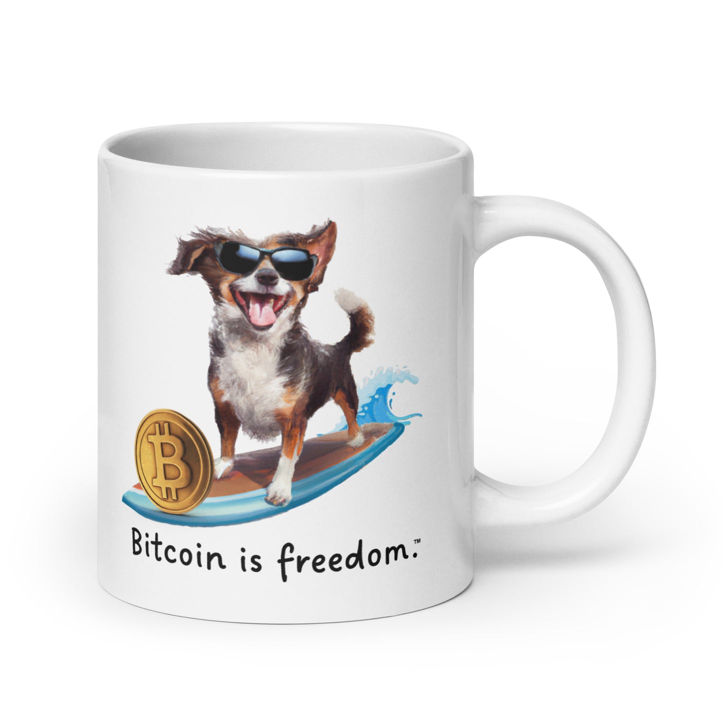 "Bitcoin is freedom" Happy Dog Surfing White Glossy Mug